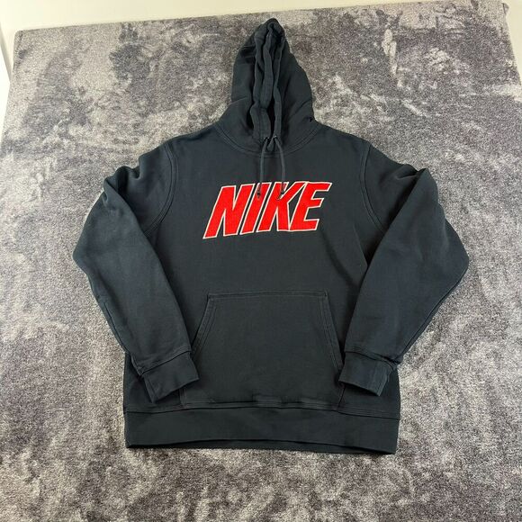Nike Y2k Embroidered Center Spellout Hoodie Black Red Pullover Men's L - Picture 1 of 9